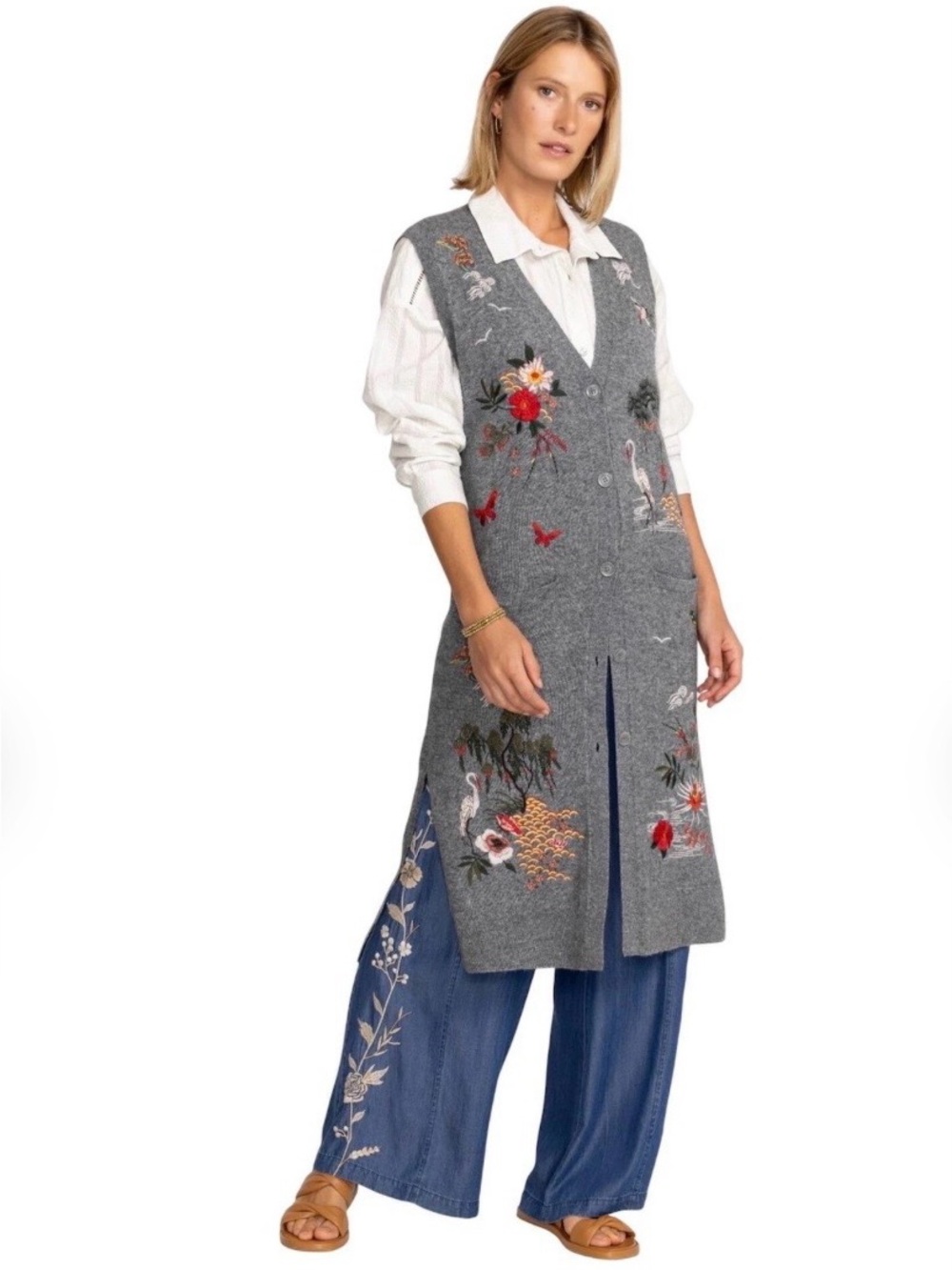 Johnny Was Cashmere Wool Heron Vest Embroidered Longline Cardigan Grey L Boho